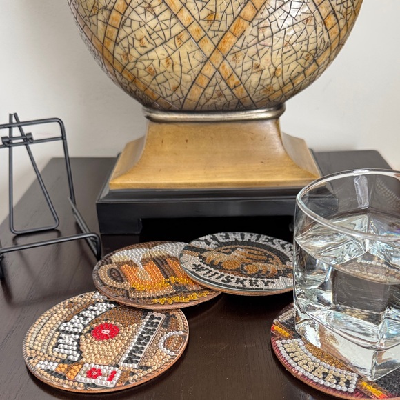 Diamond Art Beer & Whiskey Coasters – Wood Base Set of 4 w/ Black Metal Display - Picture 3 of 5